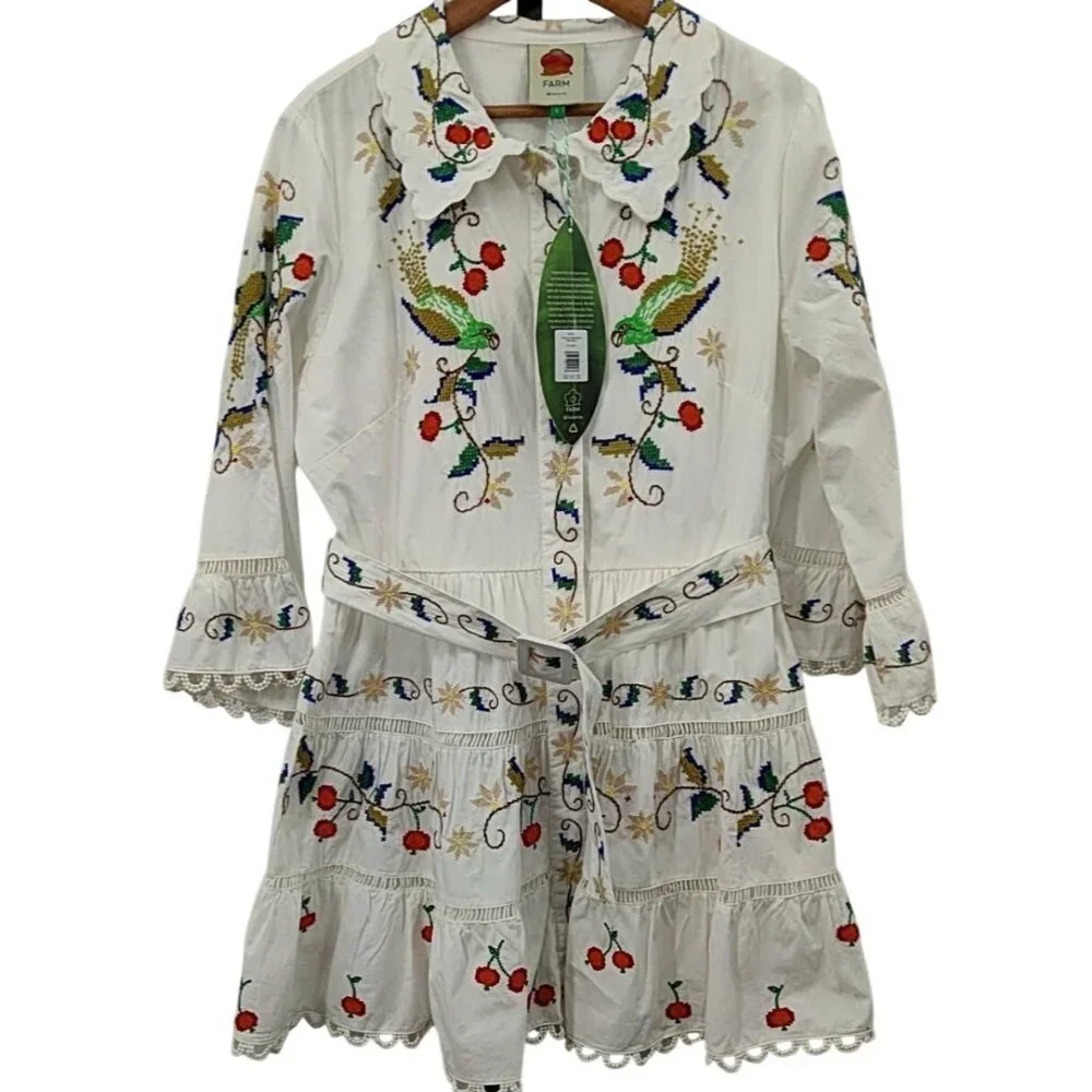 Farm Rio Pitanga Embroidered Belted Mini Dress Off White Size L New With Tags - Picture 9 of 12